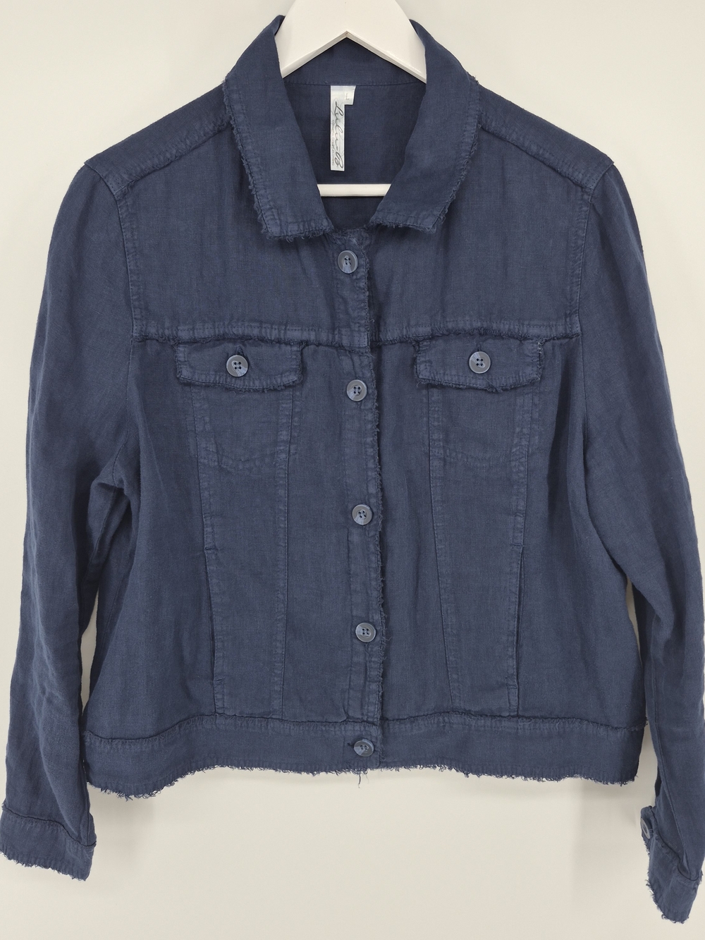 Lulu-B Linen Travel Jacket Raw Edge Button Front Women's Size L Navy Blue